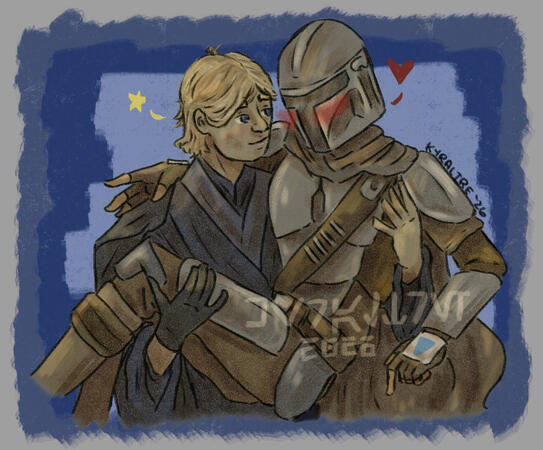 Luke picking up a blushing Din a digital drawing of my oc Pi