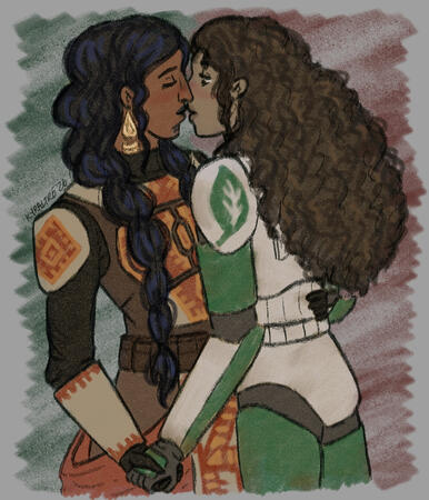 a digital drawing of my and mrbvnny's ocs (Pi and Sarad) nearly kissing each other.